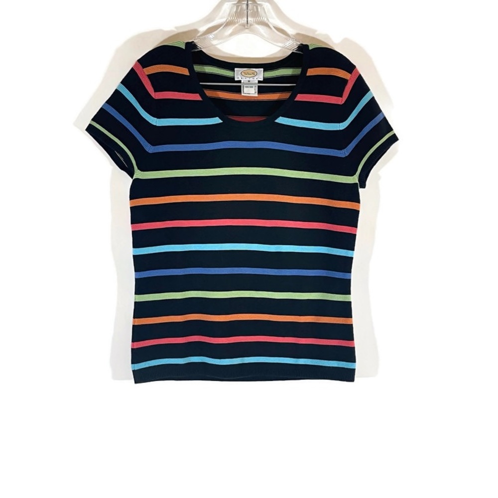 Talbots Petite Multicolor Rainbow Striped Short Sleeve Sweater